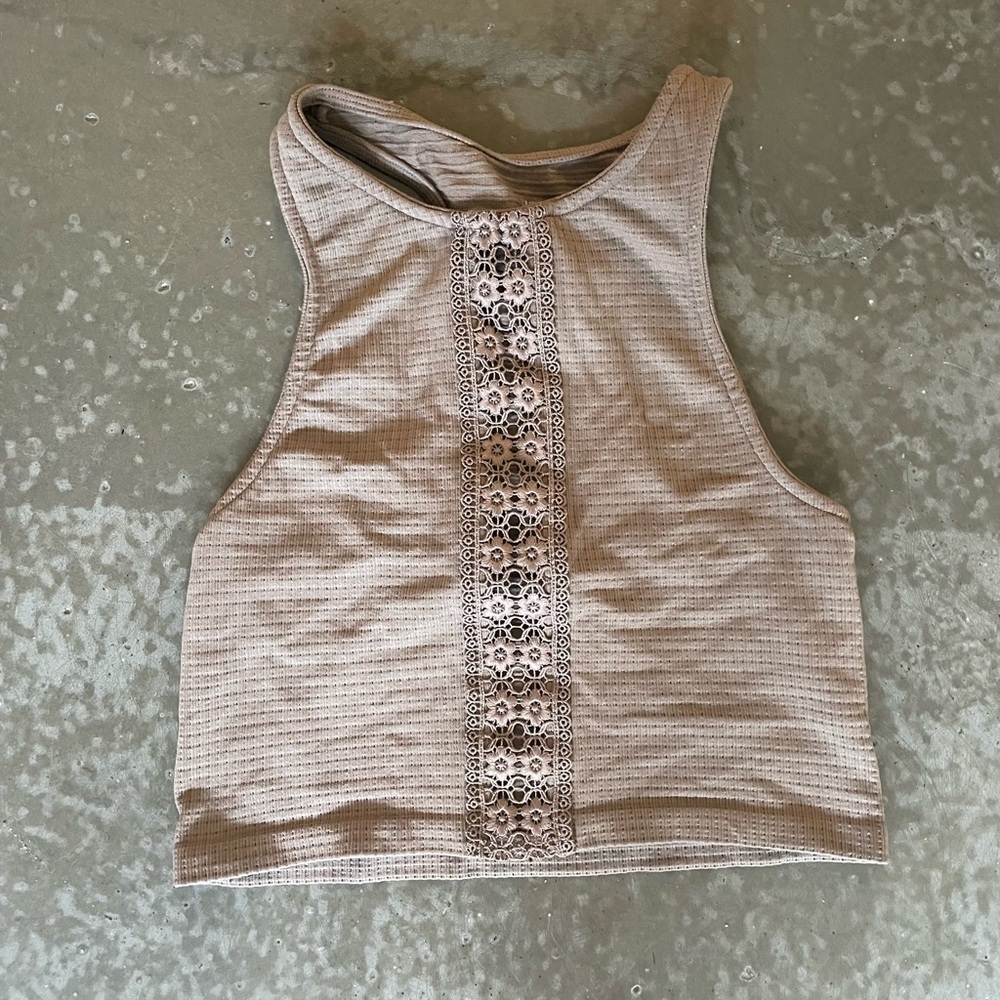Three Bird Nest Tan Ribbed Embellished Crop Tank Top